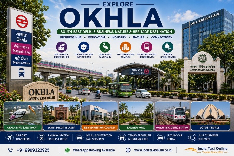 Okhla in South East Delhi featuring Okhla Bird Sanctuary, modern commercial buildings, Okhla Industrial Estate, Metro connectivity, and green wetlands.