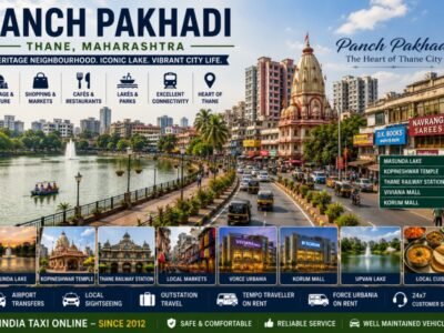 Scenic Panch Pakhadi featuring Masunda Lake, bustling streets, modern buildings and Thane city skyline