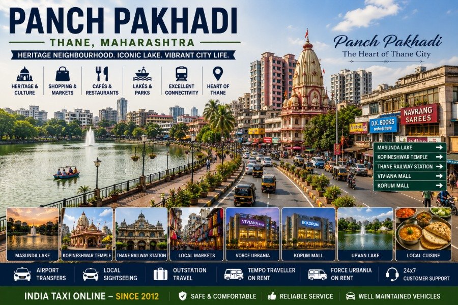 Scenic Panch Pakhadi featuring Masunda Lake, bustling streets, modern buildings and Thane city skyline