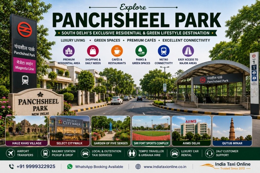 Panchsheel Park in South Delhi featuring tree-lined avenues, luxury residences, Panchsheel Park Metro Station, landscaped parks, cafés, and modern neighbourhood streets.