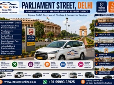 Parliament Street in New Delhi featuring Parliament House, Kartavya Path, heritage buildings and Central Delhi business district.