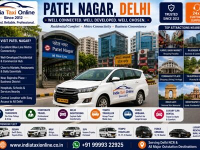 Patel Nagar featuring Blue Line Metro Station, commercial buildings, residential neighbourhoods and Central-West Delhi streets.