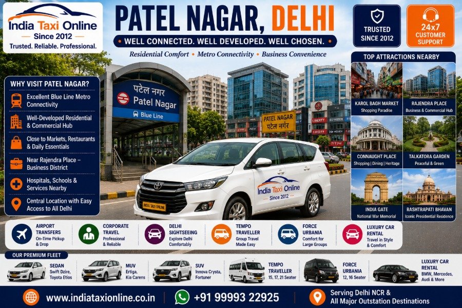 Patel Nagar featuring Blue Line Metro Station, commercial buildings, residential neighbourhoods and Central-West Delhi streets.