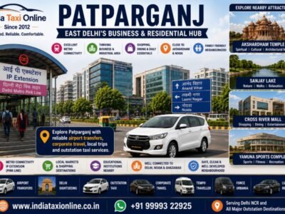 Patparganj commercial buildings, residential apartments, Metro connectivity and business district in East Delhi.