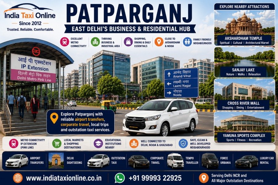Patparganj commercial buildings, residential apartments, Metro connectivity and business district in East Delhi.