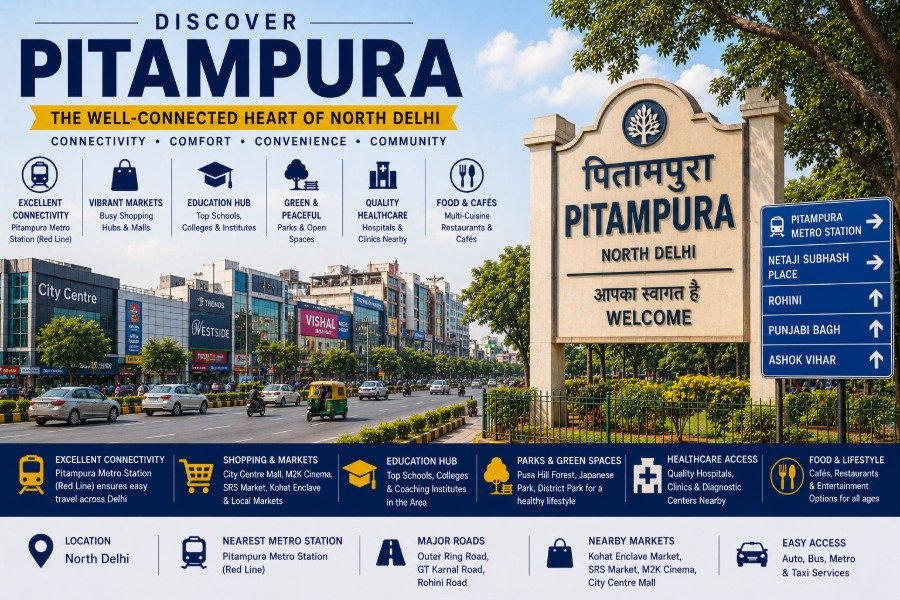 Pitampura in North West Delhi featuring Adventure Island, Metro Walk Mall, Japanese Park, Pitampura TV Tower and modern residential neighbourhoods