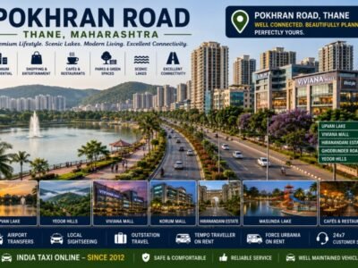 Scenic Pokhran Road featuring premium residential towers, Upvan Lake, landscaped roads and green surroundings in Thane