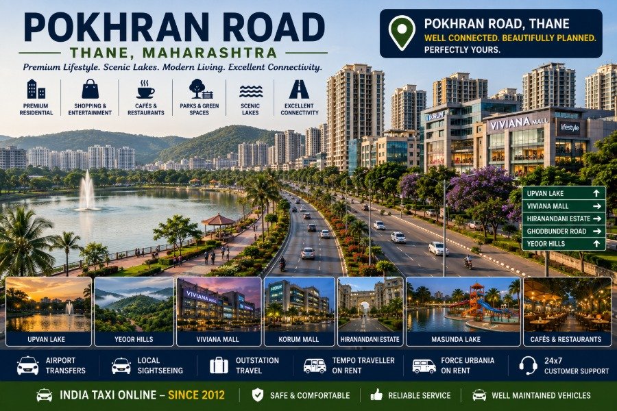 Scenic Pokhran Road featuring premium residential towers, Upvan Lake, landscaped roads and green surroundings in Thane