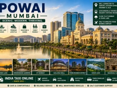 Scenic view of Powai Lake, Hiranandani Gardens, IIT Bombay and modern skyline in Mumbai