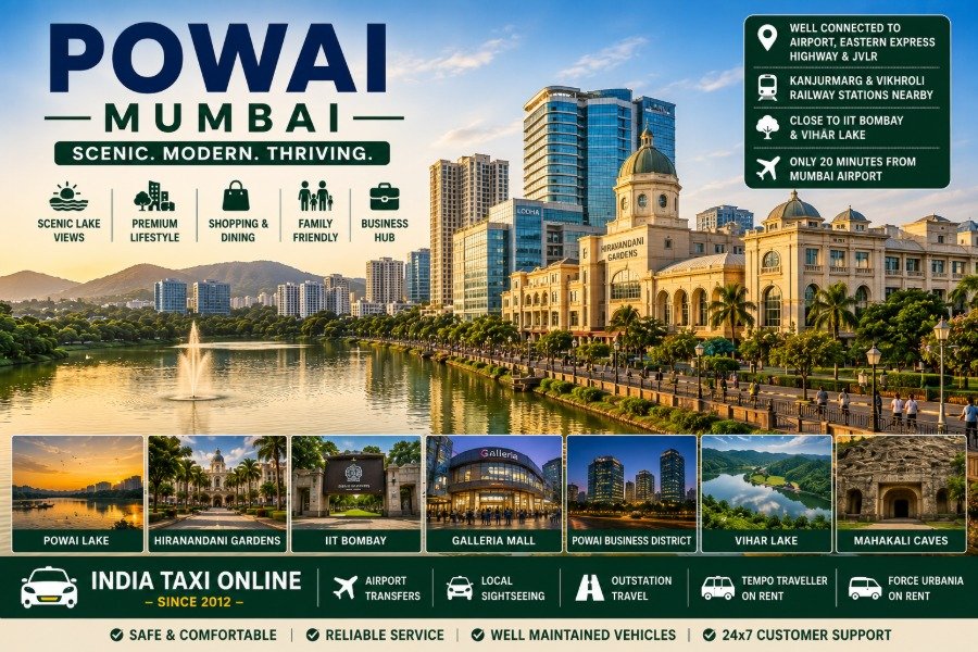 Scenic view of Powai Lake, Hiranandani Gardens, IIT Bombay and modern skyline in Mumbai