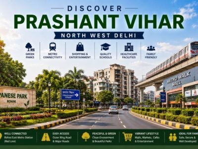 Prashant Vihar in North West Delhi featuring tree-lined residential roads, landscaped parks, modern homes, shopping centres, and excellent Metro connectivity