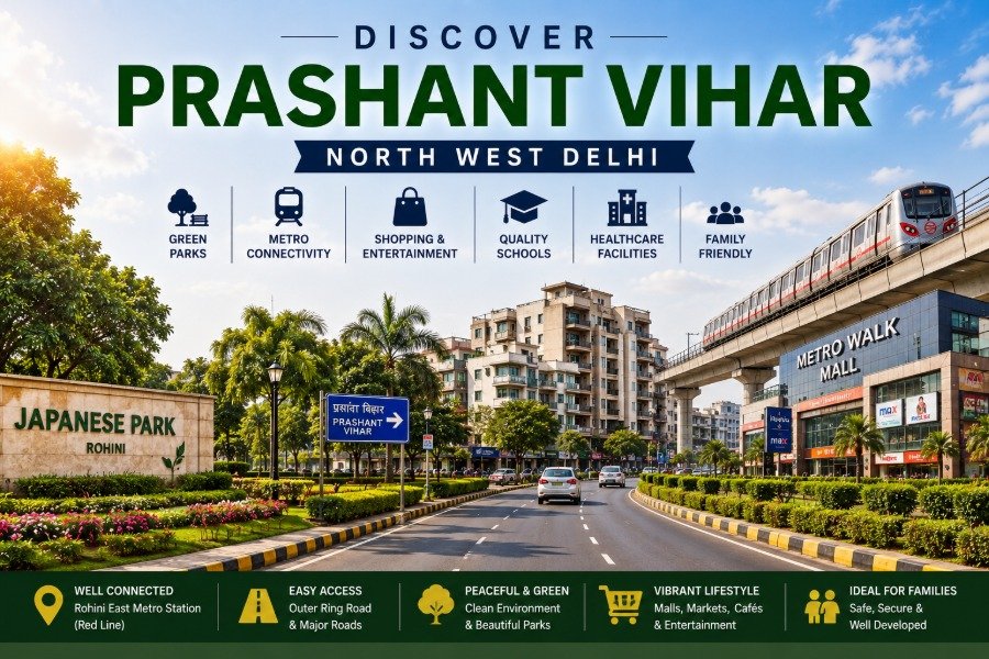 Prashant Vihar in North West Delhi featuring tree-lined residential roads, landscaped parks, modern homes, shopping centres, and excellent Metro connectivity