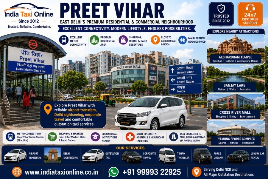 Preet Vihar Metro Station, shopping centres, residential neighbourhood and commercial area in East Delhi.