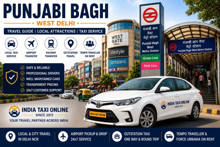 Punjabi Bagh in West Delhi featuring metro connectivity, premium shopping and reliable taxi services by India Taxi Online.