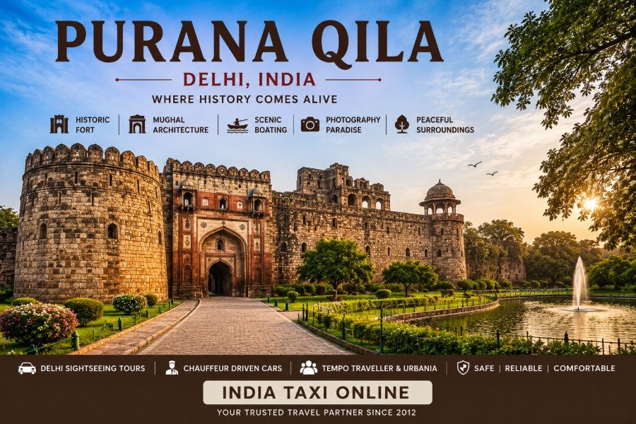 Historic Purana Qila in New Delhi featuring massive stone walls, ancient gateways and landscaped gardens under a clear blue sky