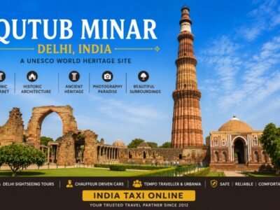 Qutub Minar in Mehrauli, Delhi showcasing its towering red sandstone architecture beneath a clear blue sky