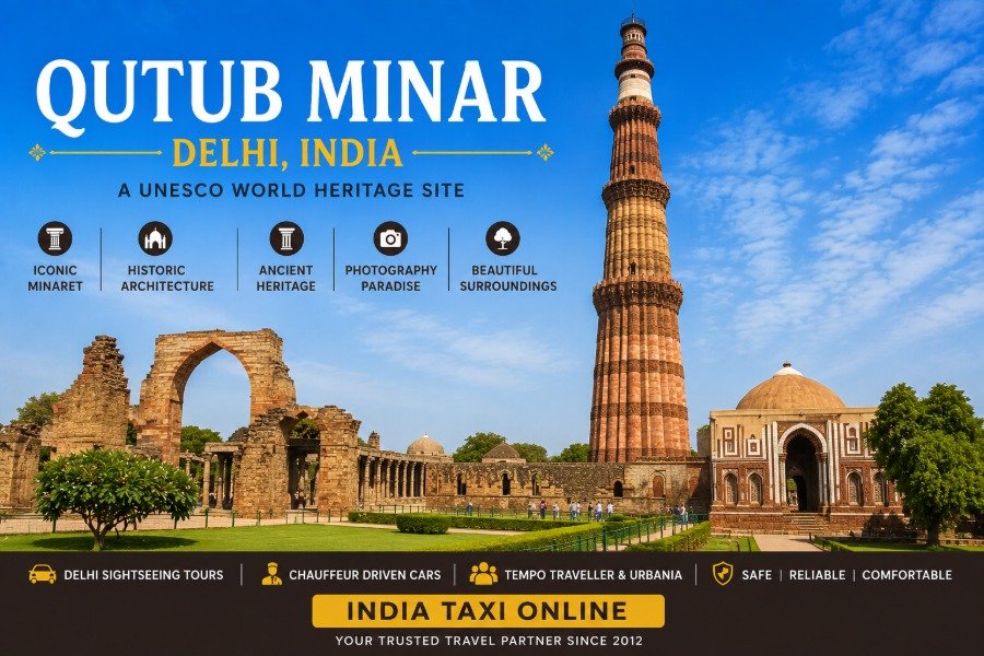 Qutub Minar in Mehrauli, Delhi showcasing its towering red sandstone architecture beneath a clear blue sky
