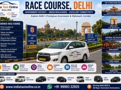 Race Course area in New Delhi featuring green boulevards, government buildings, Lok Kalyan Marg Metro and nearby landmarks.