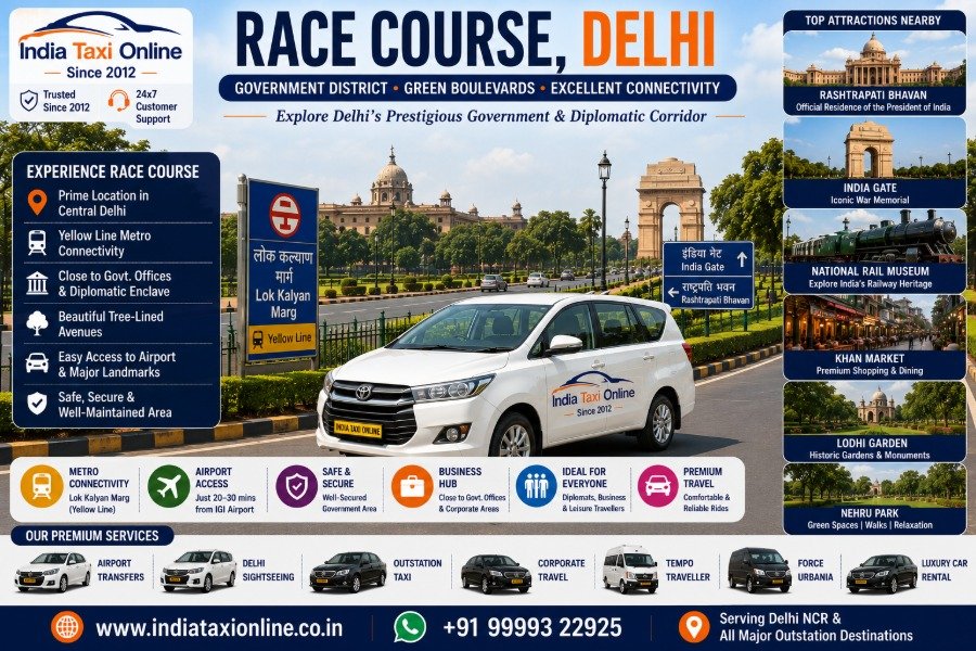 Race Course area in New Delhi featuring green boulevards, government buildings, Lok Kalyan Marg Metro and nearby landmarks.