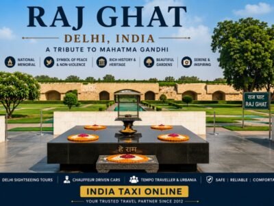 Raj Ghat memorial in New Delhi featuring the black marble platform, eternal flame and beautifully landscaped gardens