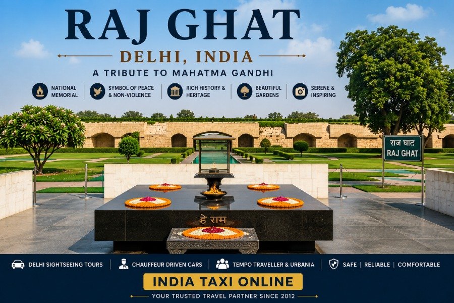 Raj Ghat memorial in New Delhi featuring the black marble platform, eternal flame and beautifully landscaped gardens