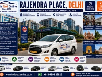 Rajendra Place featuring modern office towers, Rajendra Place Metro Station, commercial buildings and business district in Central Delhi.