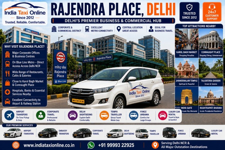 Rajendra Place featuring modern office towers, Rajendra Place Metro Station, commercial buildings and business district in Central Delhi.
