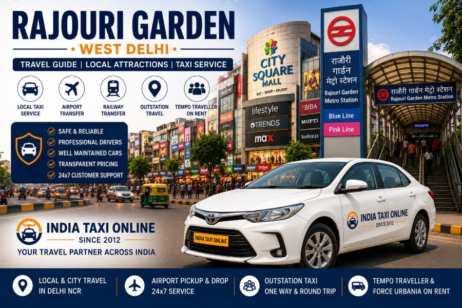Rajouri Garden in West Delhi featuring premium shopping, metro connectivity and reliable taxi services by India Taxi Online.