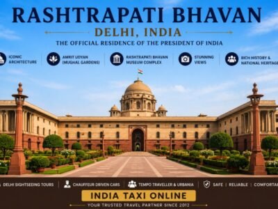 Rashtrapati Bhavan in New Delhi featuring its grand sandstone architecture, central dome and landscaped gardens beneath a blue sky