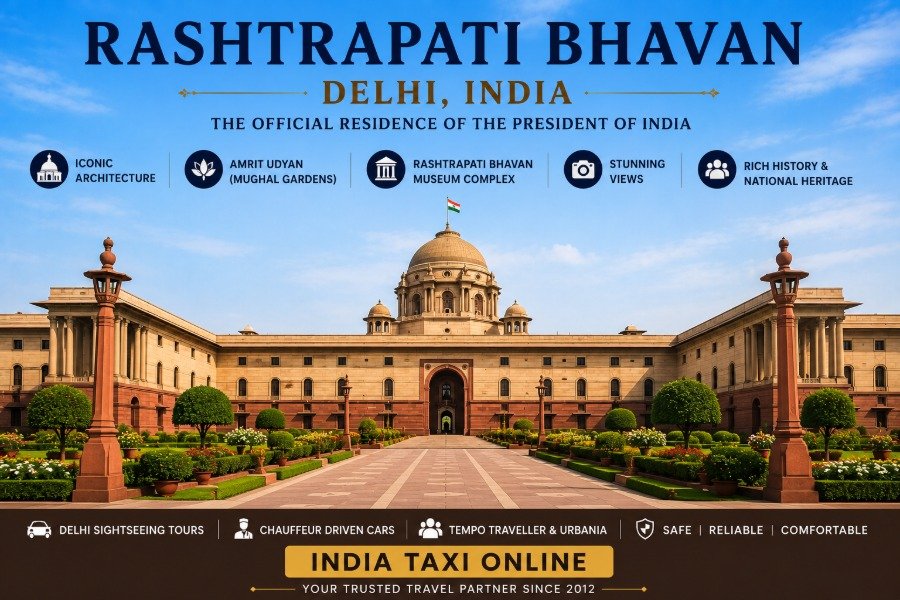 Rashtrapati Bhavan in New Delhi featuring its grand sandstone architecture, central dome and landscaped gardens beneath a blue sky