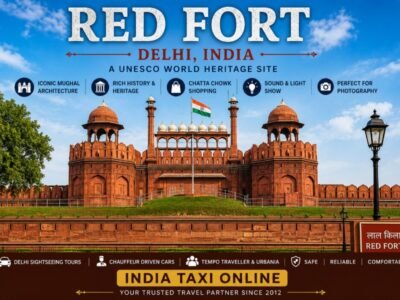 Red Fort in Old Delhi showcasing its magnificent red sandstone walls, Lahori Gate and Mughal architecture under a clear blue sky