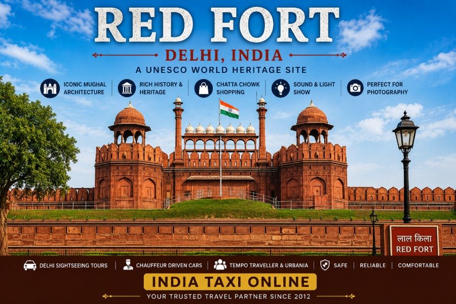 Red Fort in Old Delhi showcasing its magnificent red sandstone walls, Lahori Gate and Mughal architecture under a clear blue sky