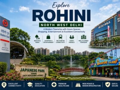 Rohini in North West Delhi featuring Japanese Park, Metro Walk Mall, Adventure Island, modern residential sectors, tree-lined roads, and Delhi Metro connectivity
