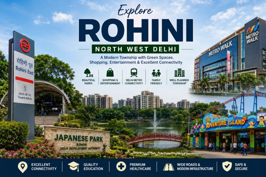 Rohini in North West Delhi featuring Japanese Park, Metro Walk Mall, Adventure Island, modern residential sectors, tree-lined roads, and Delhi Metro connectivity