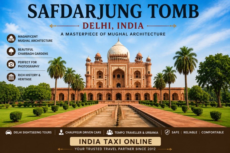 Safdarjung Tomb in New Delhi featuring magnificent Mughal architecture, Charbagh gardens and a central sandstone mausoleum beneath a clear blue sky