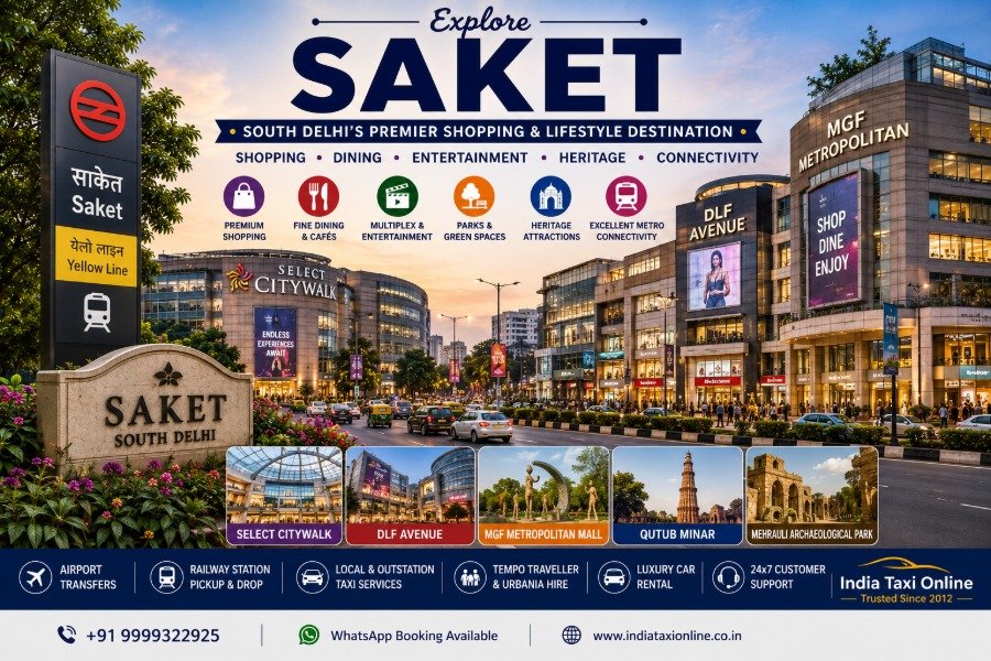 Saket in South Delhi featuring Select CITYWALK, DLF Avenue, premium shopping malls, Saket Metro Station, modern commercial buildings, and vibrant streets.