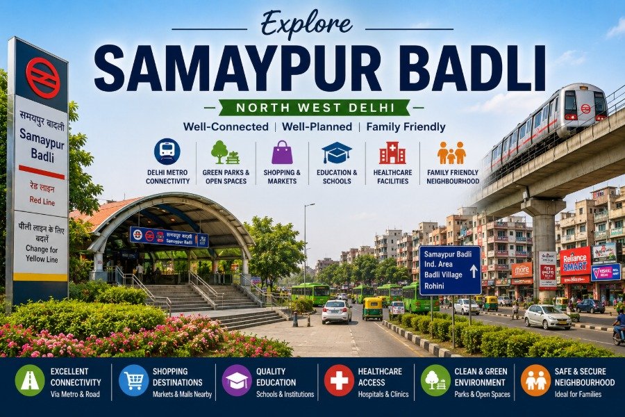 Samaypur Badli in North Delhi featuring Samaypur Badli Metro Station, NH-44 GT Karnal Road, modern residential neighbourhoods and excellent transport connectivity
