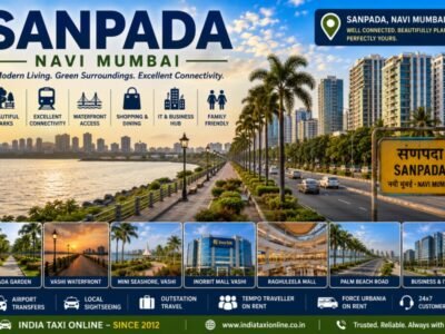Scenic Sanpada featuring landscaped parks, nearby Vashi waterfront, Palm Beach Road and modern Navi Mumbai skyline