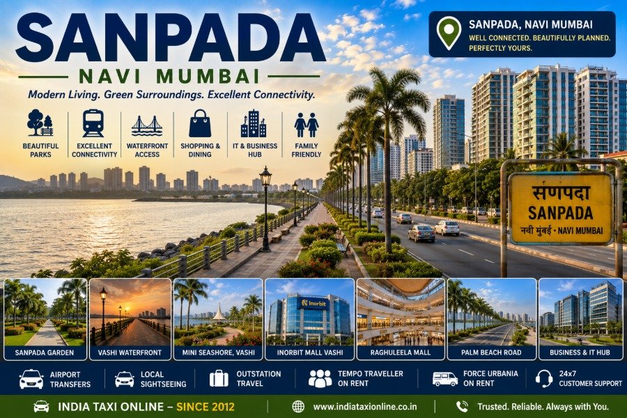 Scenic Sanpada featuring landscaped parks, nearby Vashi waterfront, Palm Beach Road and modern Navi Mumbai skyline