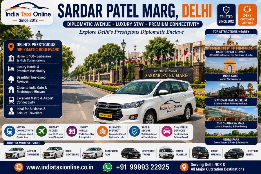 Sardar Patel Marg featuring Diplomatic Enclave, luxury hotels, embassies and tree-lined boulevard in New Delhi.