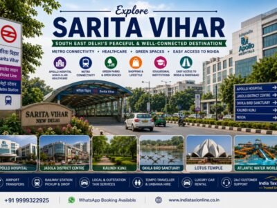 Sarita Vihar in South East Delhi featuring tree-lined residential streets, Sarita Vihar Metro Station, Apollo Hospital, parks, and modern urban infrastructure.