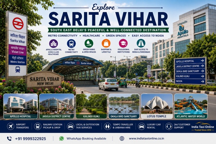 Sarita Vihar in South East Delhi featuring tree-lined residential streets, Sarita Vihar Metro Station, Apollo Hospital, parks, and modern urban infrastructure.