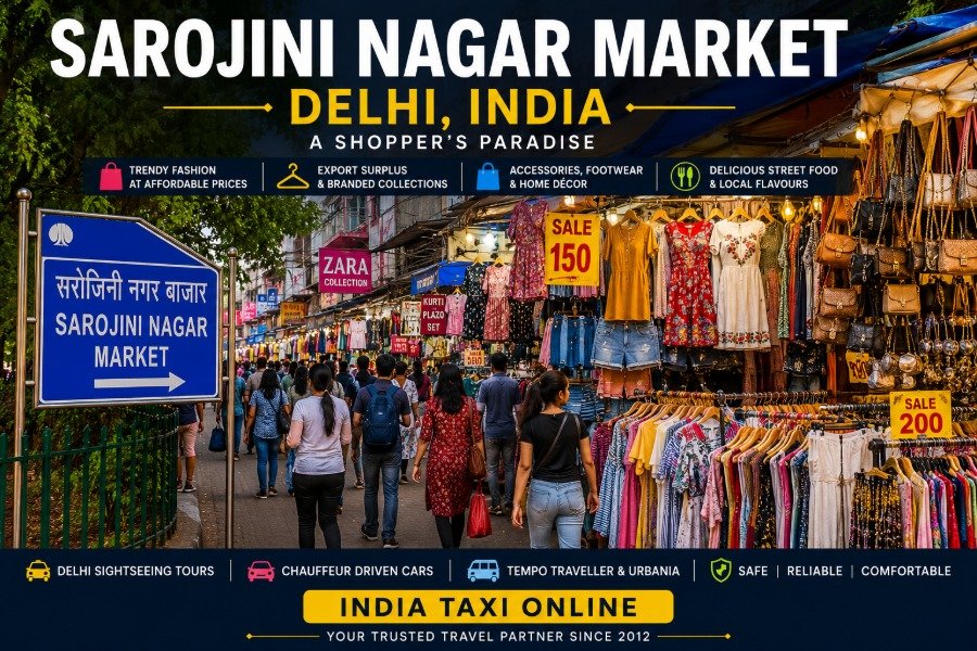 Busy Sarojini Nagar Market in New Delhi with colourful fashion stalls, shoppers and vibrant shopping streets