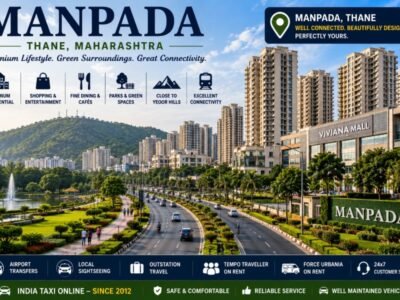 Scenic Manpada featuring premium residential towers, landscaped roads, green parks and Yeoor Hills backdrop