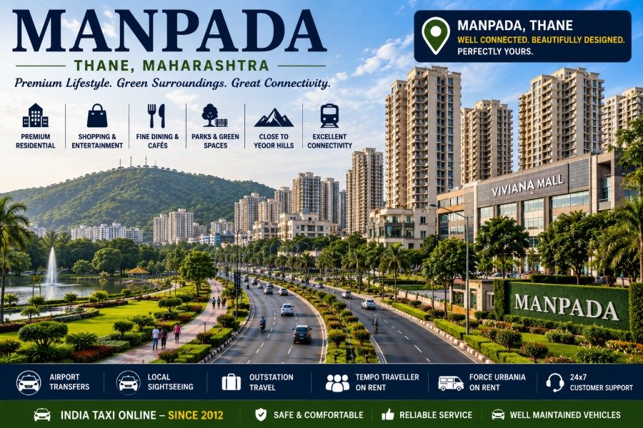 Scenic Manpada featuring premium residential towers, landscaped roads, green parks and Yeoor Hills backdrop
