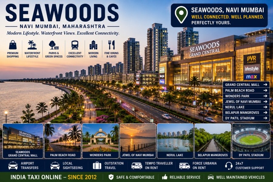 Scenic Seawoods featuring Grand Central Mall, Palm Beach Road, modern skyline and waterfront views in Navi Mumbai