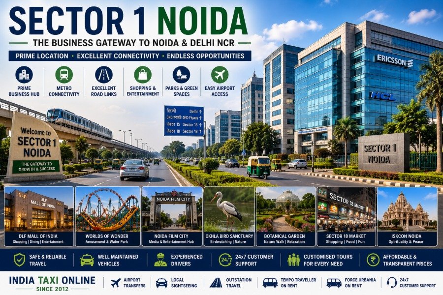 Modern commercial buildings, wide roads, corporate offices and metro connectivity in Sector 1 Noida