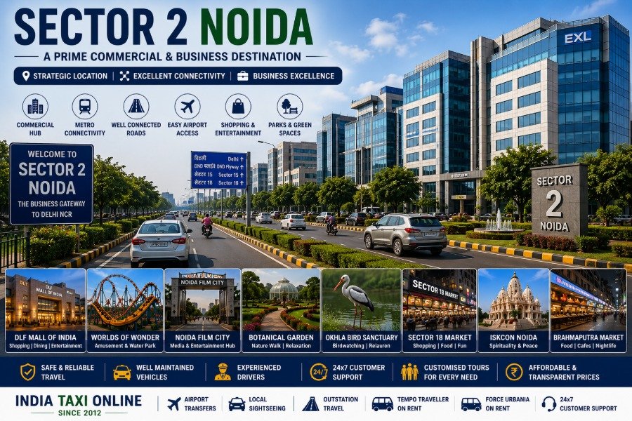 Modern corporate buildings, wide roads, landscaped avenues and commercial offices in Sector 2 Noida