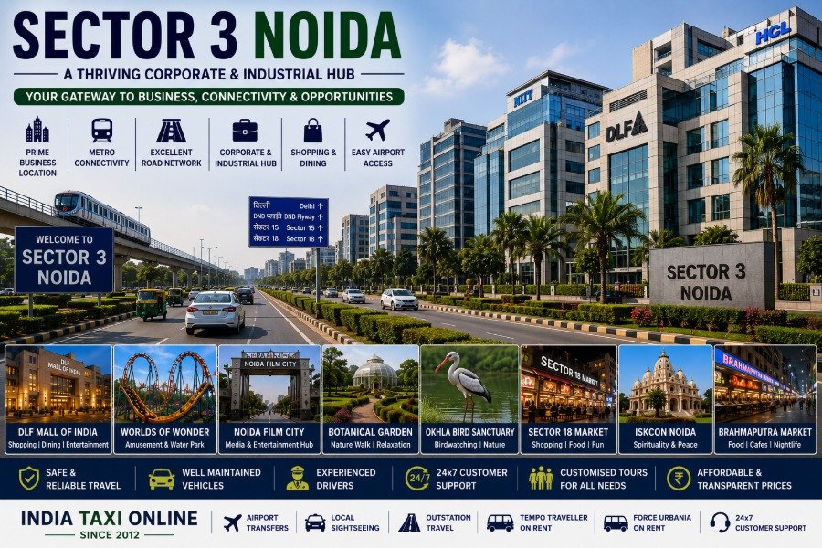 Modern corporate offices, commercial buildings, landscaped roads and business district in Sector 3 Noida