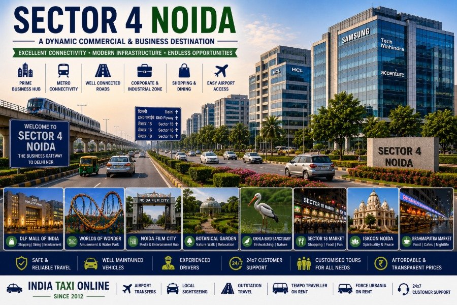 Modern office buildings, commercial complexes, landscaped roads and business district in Sector 4 Noida
